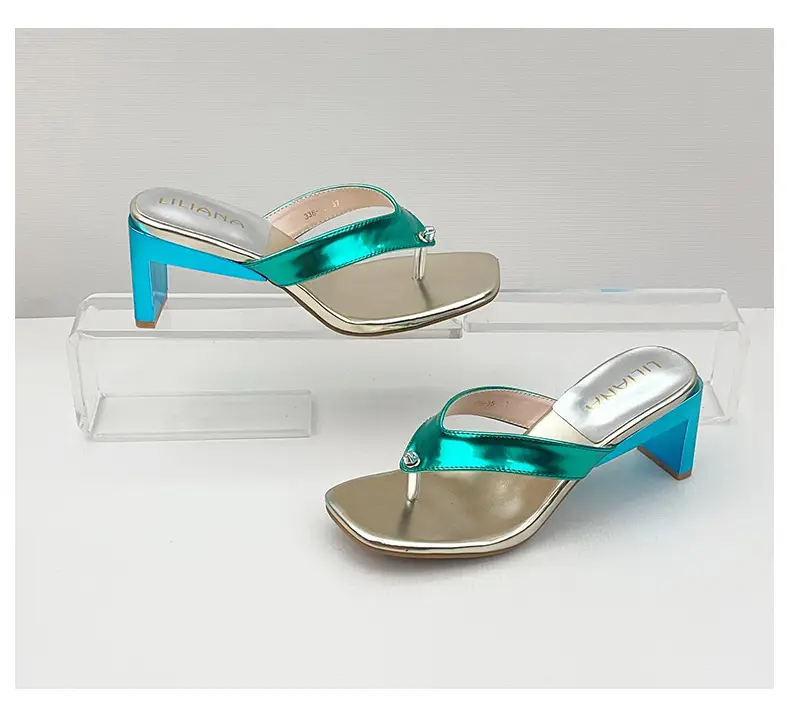 Cross-Border 2025 Foreign Trade Summer European and American Style Thong Sandals Square Toe Large Size Chunky High Heel Slippers European and American Style New Model — feature 3