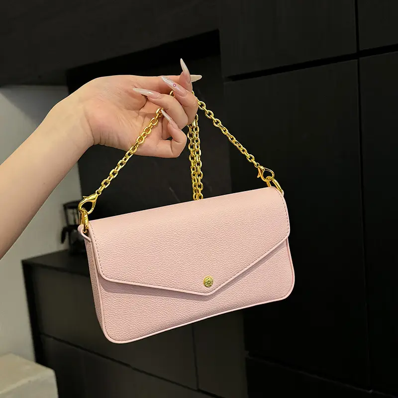 Women's Black Leather Crossbody Bag with Gold Chain
