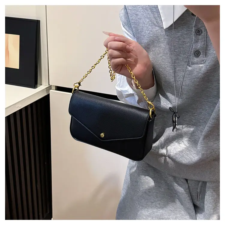 Women's Black Leather Crossbody Bag with Gold Chain — feature 13