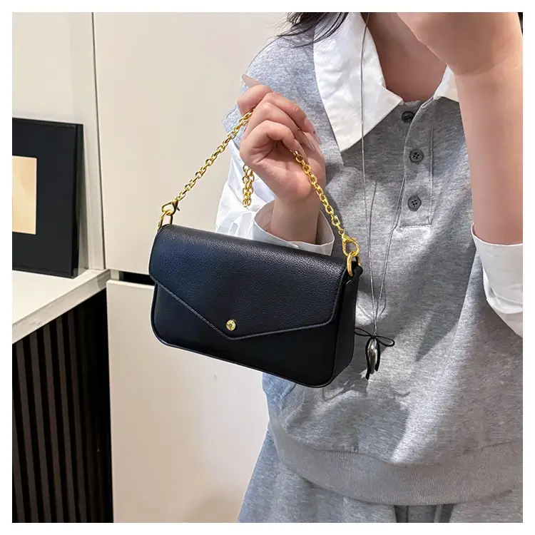 Women's Black Leather Crossbody Bag with Gold Chain — feature 14