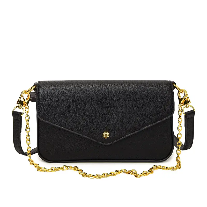 Women's Black Leather Crossbody Bag with Gold Chain