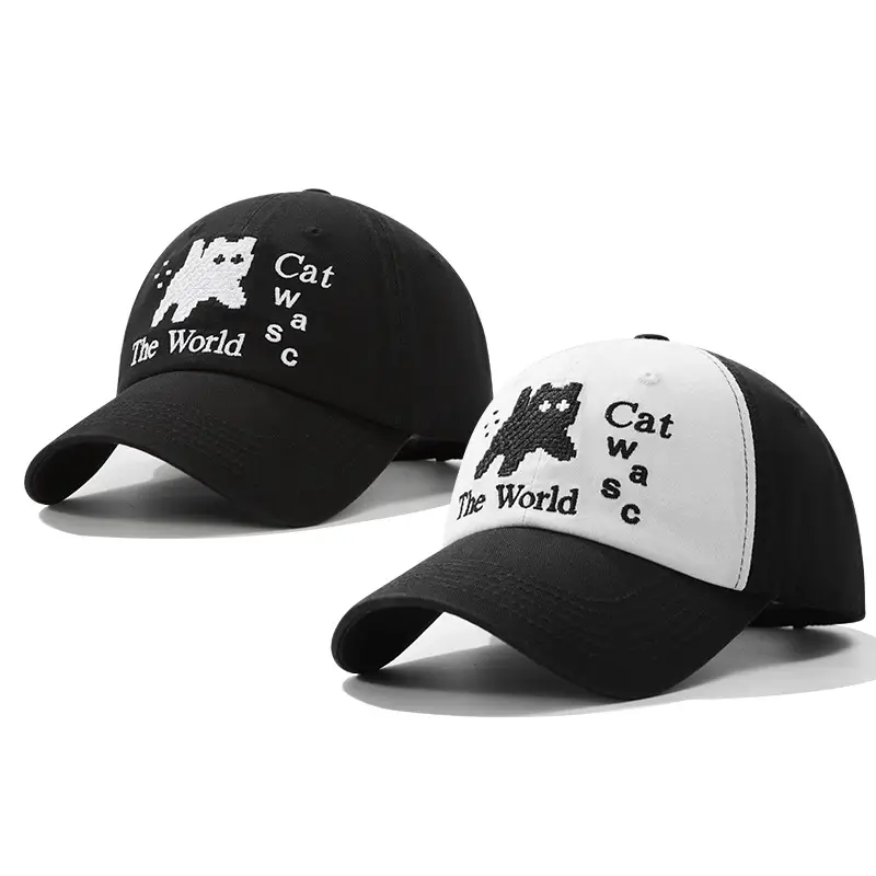 Women Cat Embroidered Cap Black Large - Image 4