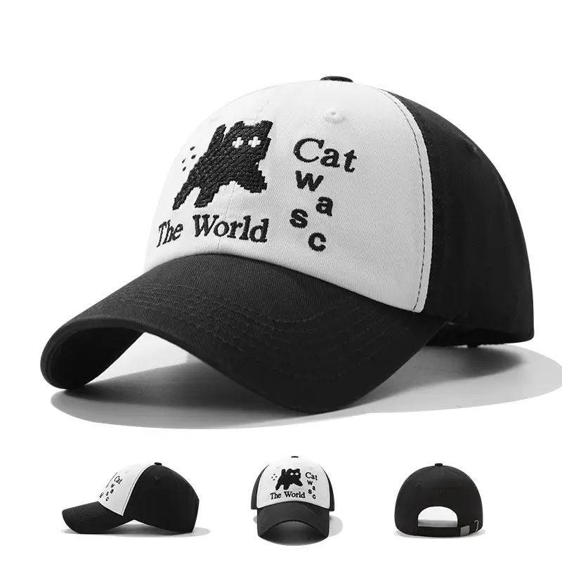 Women Cat Embroidered Cap Black Large - Image 5