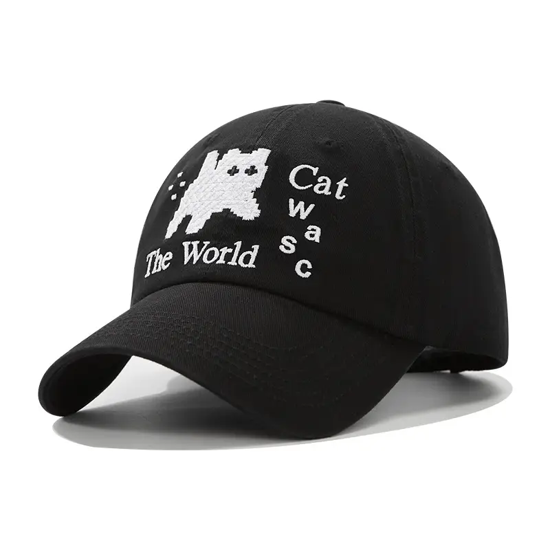 Women Cat Embroidered Cap Black Large - Image 6