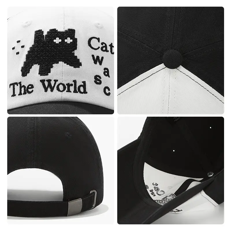 Women Cat Embroidered Cap Black Large - Image 7