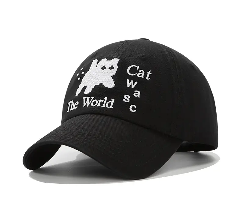 Women Cat Embroidered Cap Black Large - Image 2