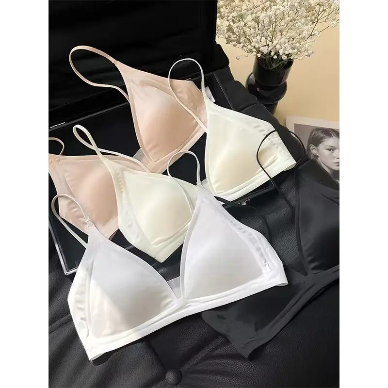 Original French Style Gloss Satin Traceless Small Chest Underwear Women's Deep V-neck Thin Shoulder Strap Thin Non-rimmed Bra for Summer