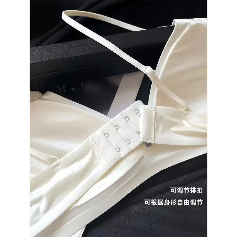 Original French Style Gloss Satin Traceless Small Chest Underwear Women's Deep V-neck Thin Shoulder Strap Thin Non-rimmed Bra for Summer