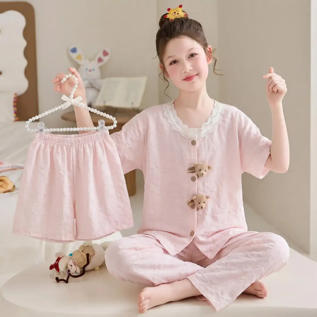 Summer Girls Children's Clouds Cotton Three-piece Pajamas Sweet Summer Thin Air Conditioner Home Clothes suit