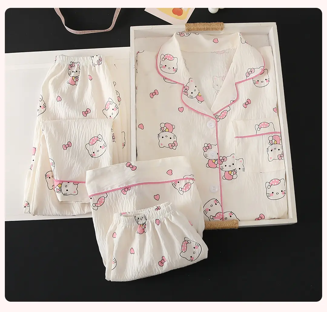 Summer Girls Children's Clouds Cotton Three-piece Pajamas Sweet Summer Thin Air Conditioner Home Clothes suit — feature 10