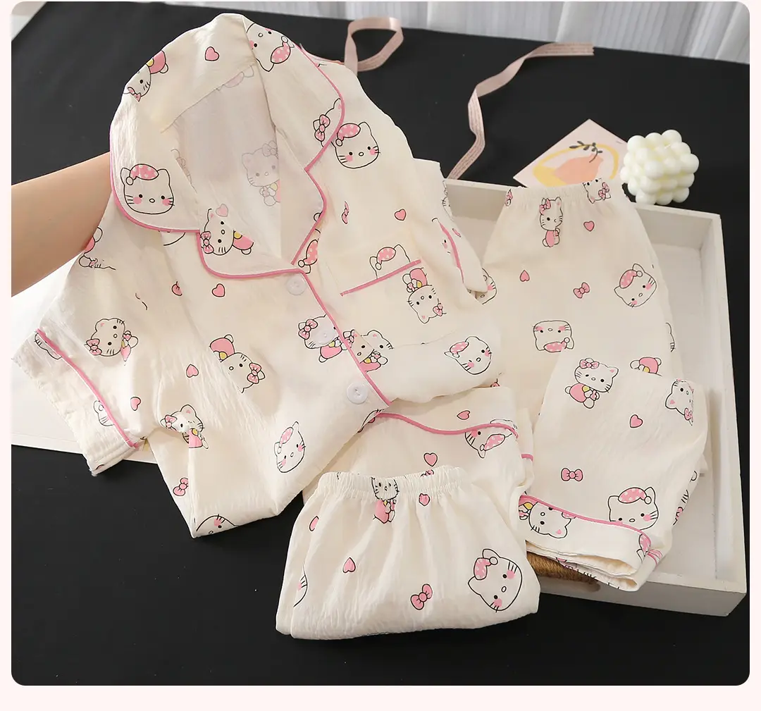Summer Girls Children's Clouds Cotton Three-piece Pajamas Sweet Summer Thin Air Conditioner Home Clothes suit — feature 11