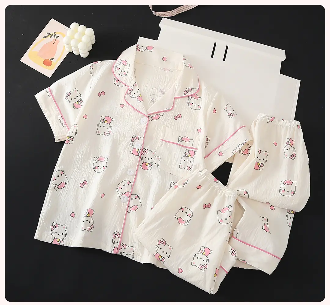 Summer Girls Children's Clouds Cotton Three-piece Pajamas Sweet Summer Thin Air Conditioner Home Clothes suit — feature 9