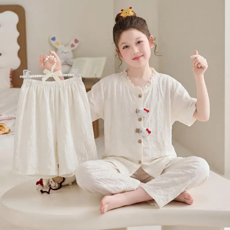 Summer Girls Children's Clouds Cotton Three-piece Pajamas Sweet Summer Thin Air Conditioner Home Clothes suit
