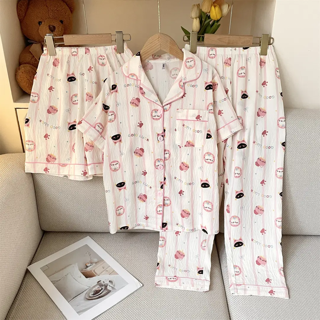 Summer Girls Children's Clouds Cotton Three-piece Pajamas Sweet Summer Thin Air Conditioner Home Clothes suit