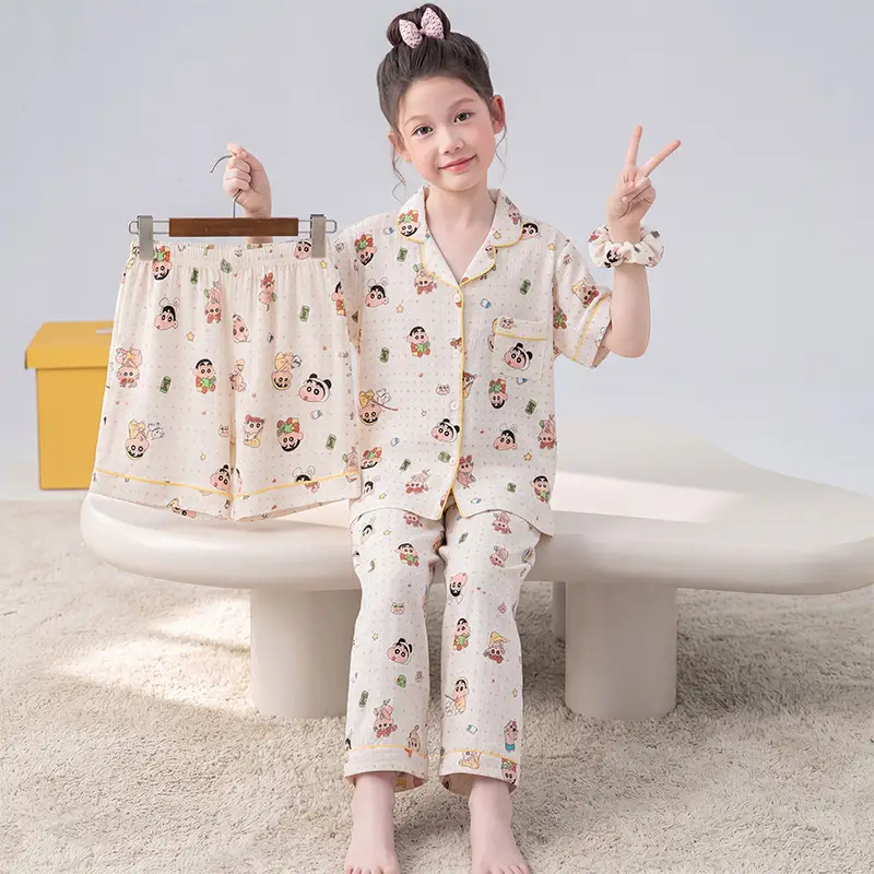 Summer Girls Children's Clouds Cotton Three-piece Pajamas Sweet Summer Thin Air Conditioner Home Clothes suit