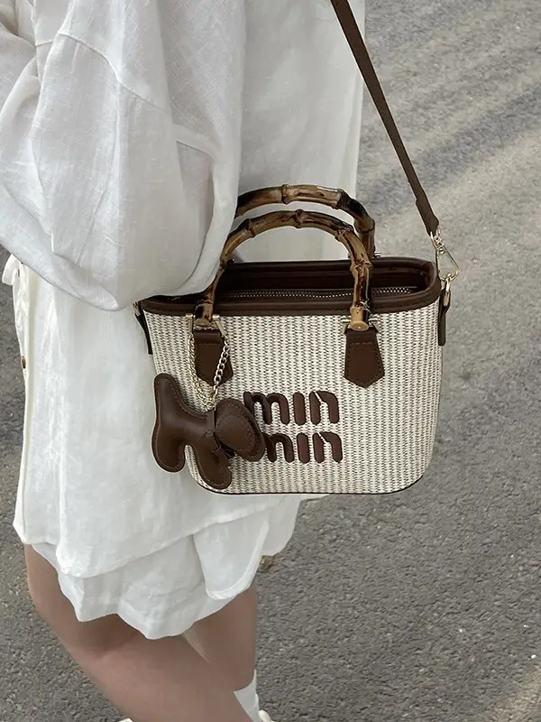 Women's Color-Blocking Straw Bamboo Basket Bag - Image 6