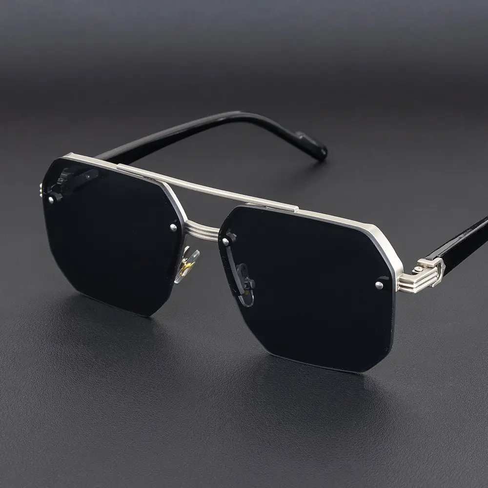 Men Anti-UV Half Frame Sunglasses Black Silver - Image 2