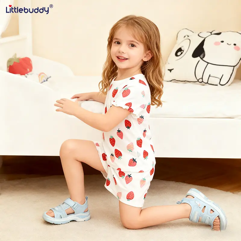 Girls Strawberry Print Cotton Shorts Suit Summer Wear - Image 3