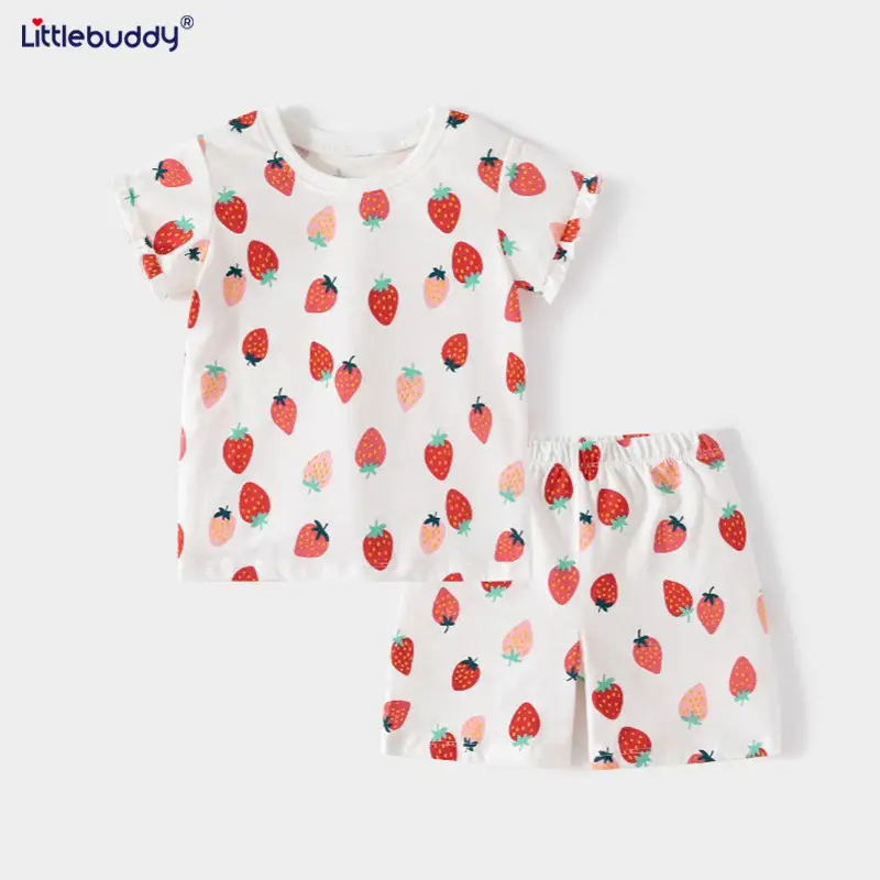 Girls Strawberry Print Cotton Shorts Suit Summer Wear - Image 4