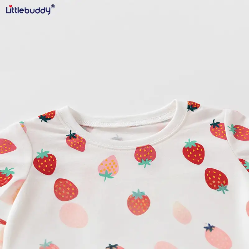 Girls Strawberry Print Cotton Shorts Suit Summer Wear - Image 5