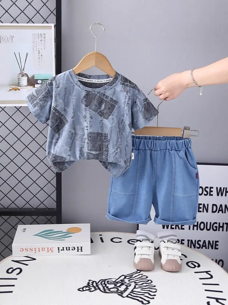Boys Blue Denim Print 2Pc Summer Suit 2025 - Image 4