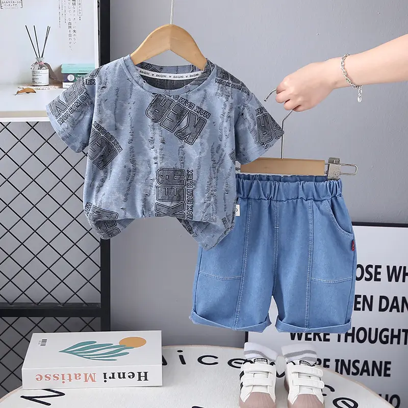 Boys Blue Denim Print 2Pc Summer Suit 2025 — feature 2