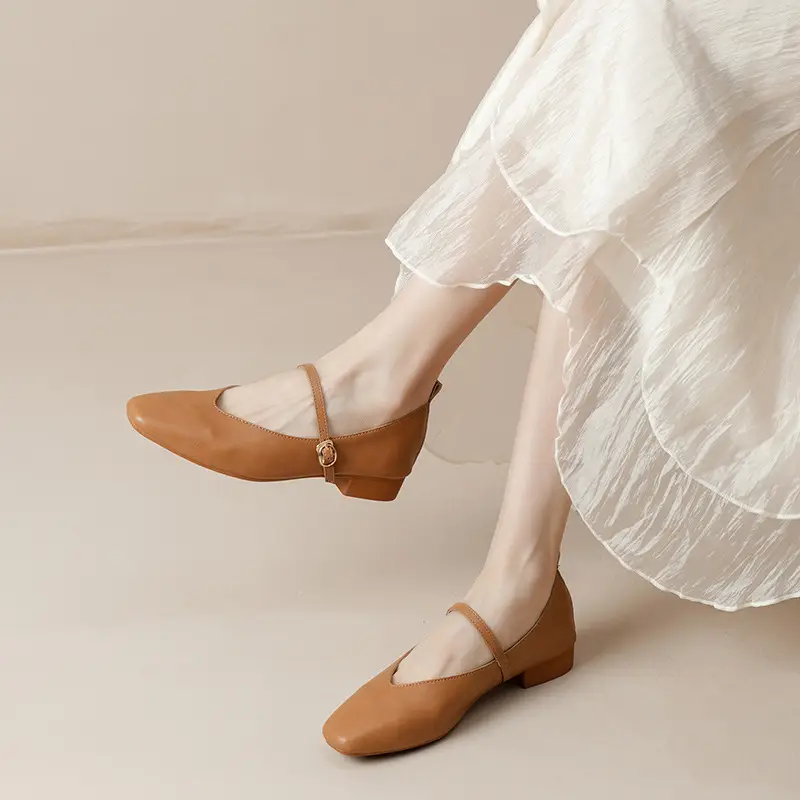 Soft Leather Granny Shoes with Chunky Heels, Mary Jane Style, French Square Toe, Single Strap, Mid-Heel, New Spring and Autumn Versatile Women's Shoes
