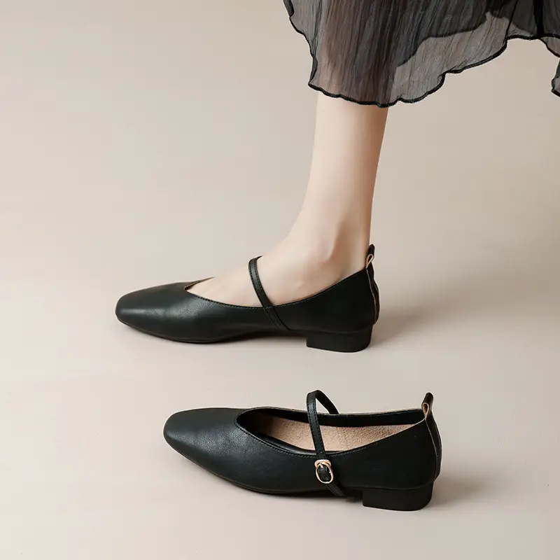 Soft Leather Granny Shoes with Chunky Heels, Mary Jane Style, French Square Toe, Single Strap, Mid-Heel, New Spring and Autumn Versatile Women's Shoes