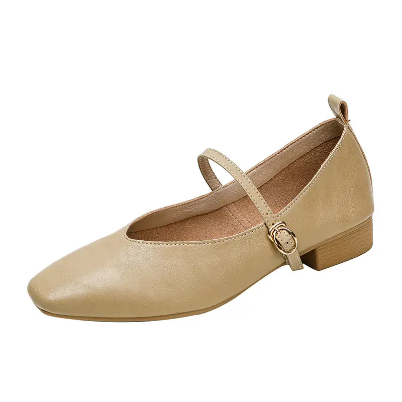 Soft Leather Granny Shoes with Chunky Heels, Mary Jane Style, French Square Toe, Single Strap, Mid-Heel, New Spring and Autumn Versatile Women's Shoes