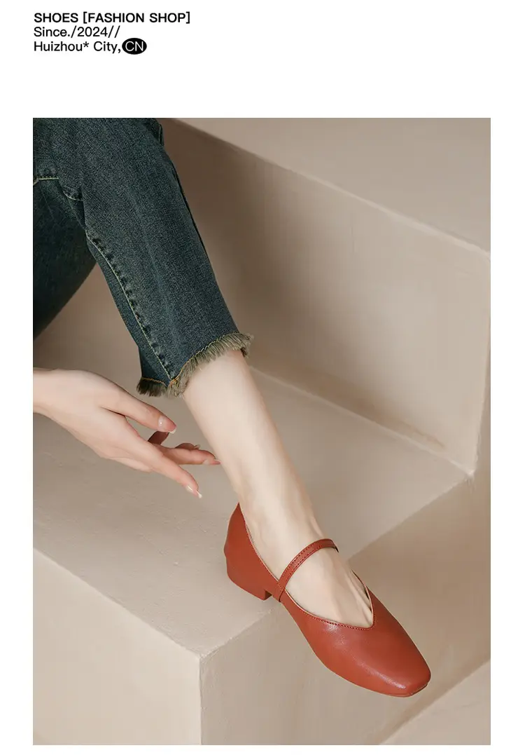 Soft Leather Granny Shoes with Chunky Heels, Mary Jane Style, French Square Toe, Single Strap, Mid-Heel, New Spring and Autumn Versatile Women's Shoes — feature 45