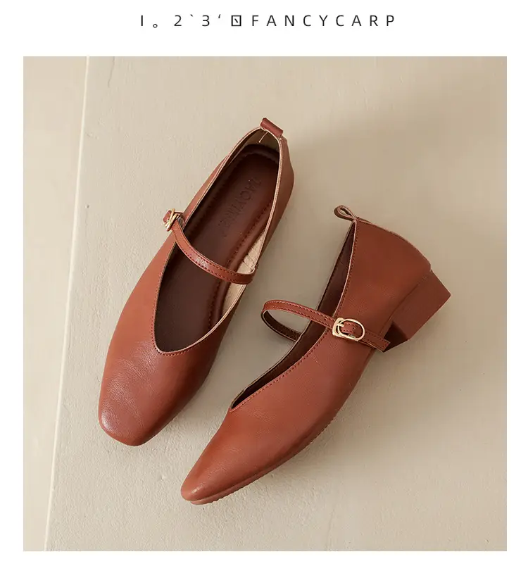 Soft Leather Granny Shoes with Chunky Heels, Mary Jane Style, French Square Toe, Single Strap, Mid-Heel, New Spring and Autumn Versatile Women's Shoes — feature 48