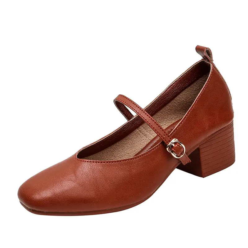 Soft Leather Granny Shoes with Chunky Heels, Mary Jane Style, French Square Toe, Single Strap, Mid-Heel, New Spring and Autumn Versatile Women's Shoes