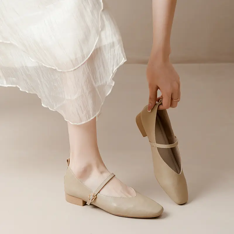 Soft Leather Granny Shoes with Chunky Heels, Mary Jane Style, French Square Toe, Single Strap, Mid-Heel, New Spring and Autumn Versatile Women's Shoes