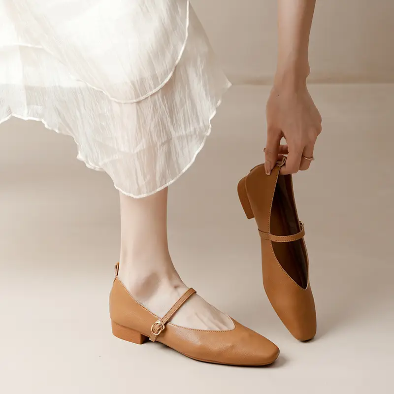 Soft Leather Granny Shoes with Chunky Heels, Mary Jane Style, French Square Toe, Single Strap, Mid-Heel, New Spring and Autumn Versatile Women's Shoes