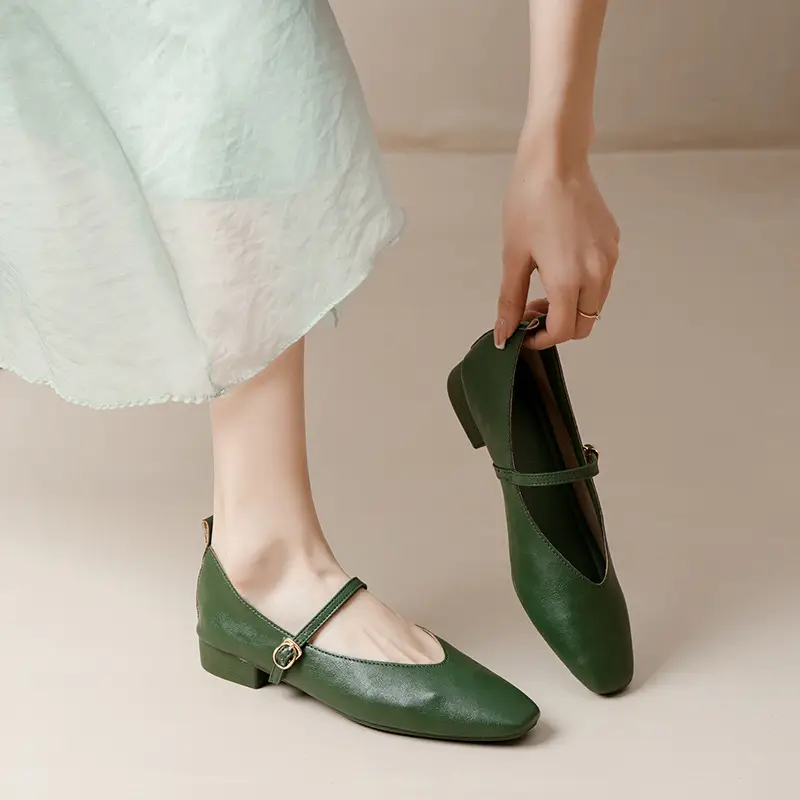 Soft Leather Granny Shoes with Chunky Heels, Mary Jane Style, French Square Toe, Single Strap, Mid-Heel, New Spring and Autumn Versatile Women's Shoes