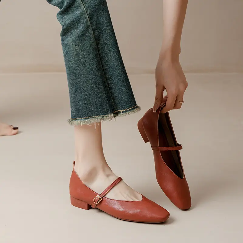 Soft Leather Granny Shoes with Chunky Heels, Mary Jane Style, French Square Toe, Single Strap, Mid-Heel, New Spring and Autumn Versatile Women's Shoes