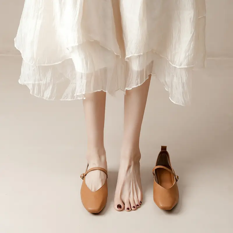 Soft Leather Granny Shoes with Chunky Heels, Mary Jane Style, French Square Toe, Single Strap, Mid-Heel, New Spring and Autumn Versatile Women's Shoes