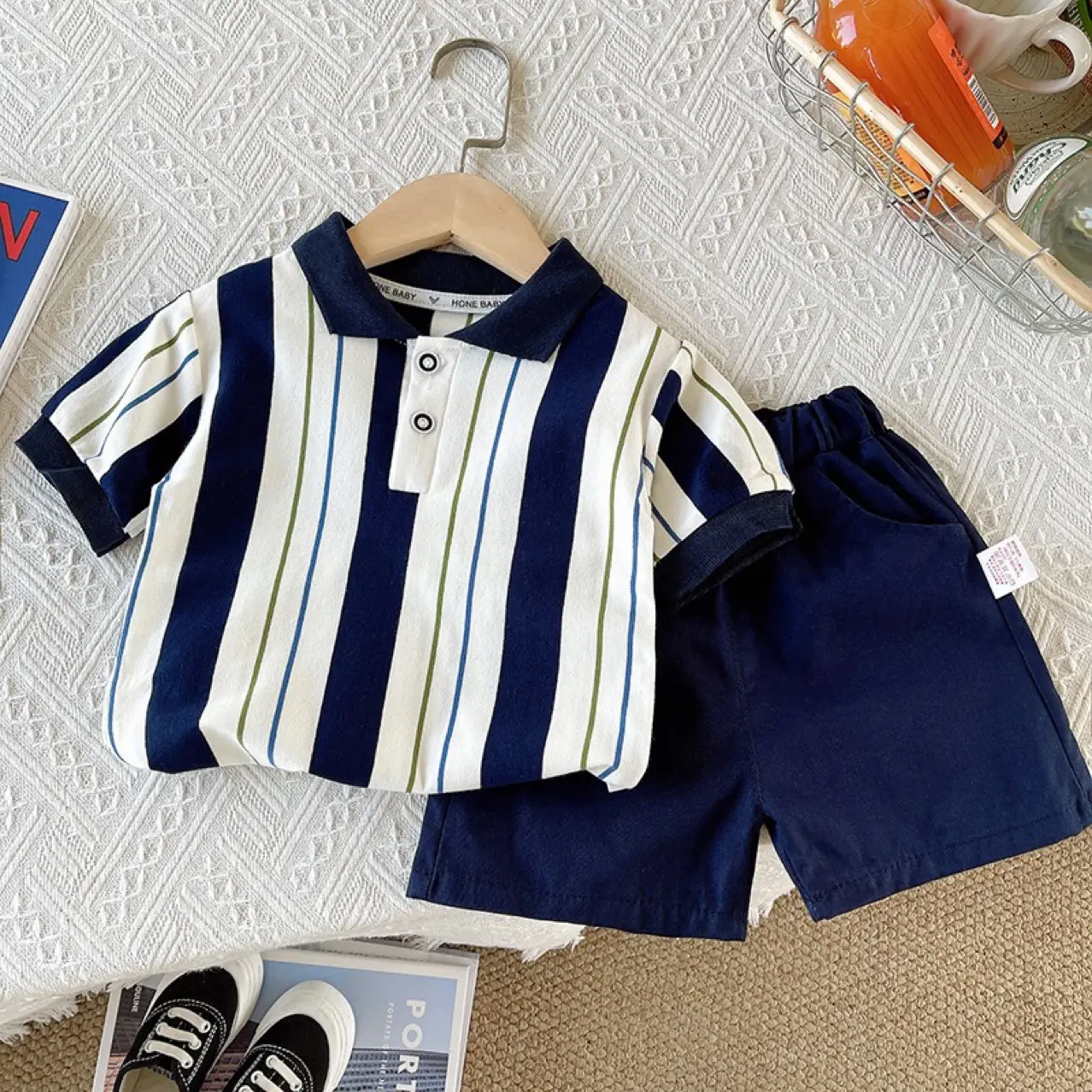 Children Striped T-Shirt Shorts Set White Grey Boys 0-4 - Image 4
