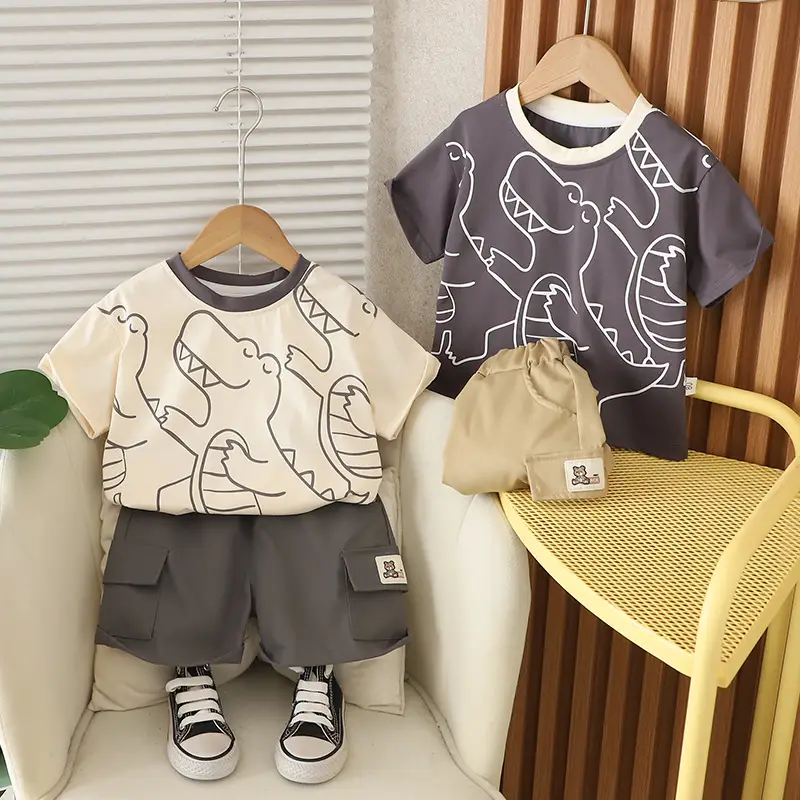 Kids Dinosaur Print Shorts Set Brown Tan Kids - Image 3