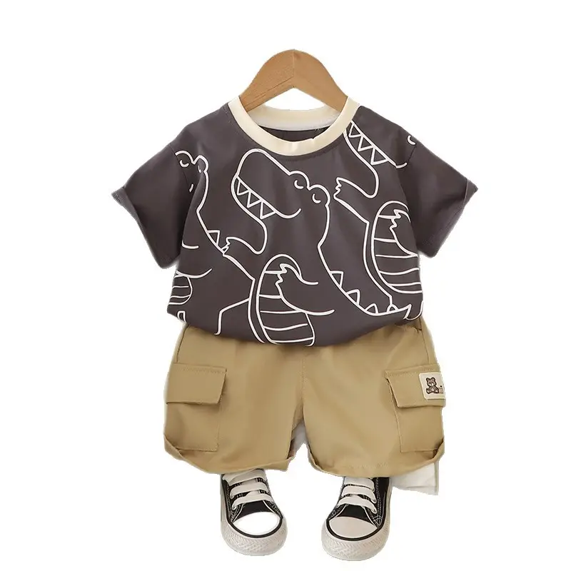 Kids Dinosaur Print Shorts Set Brown Tan Kids - Image 5