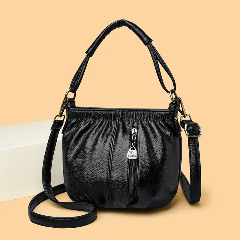Women's Brown Leather Bucket Bag with Logo Print - Image 9