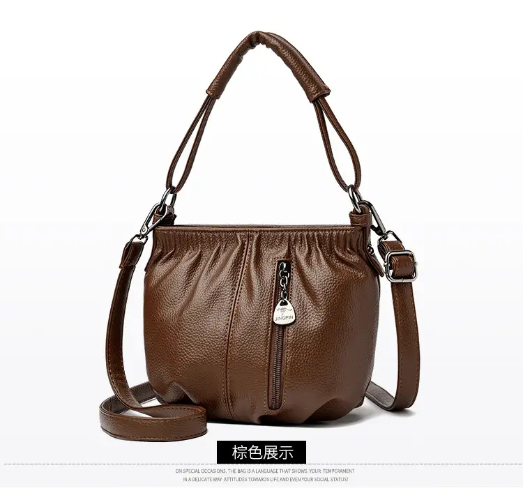 Women's Brown Leather Bucket Bag with Logo Print — feature 22