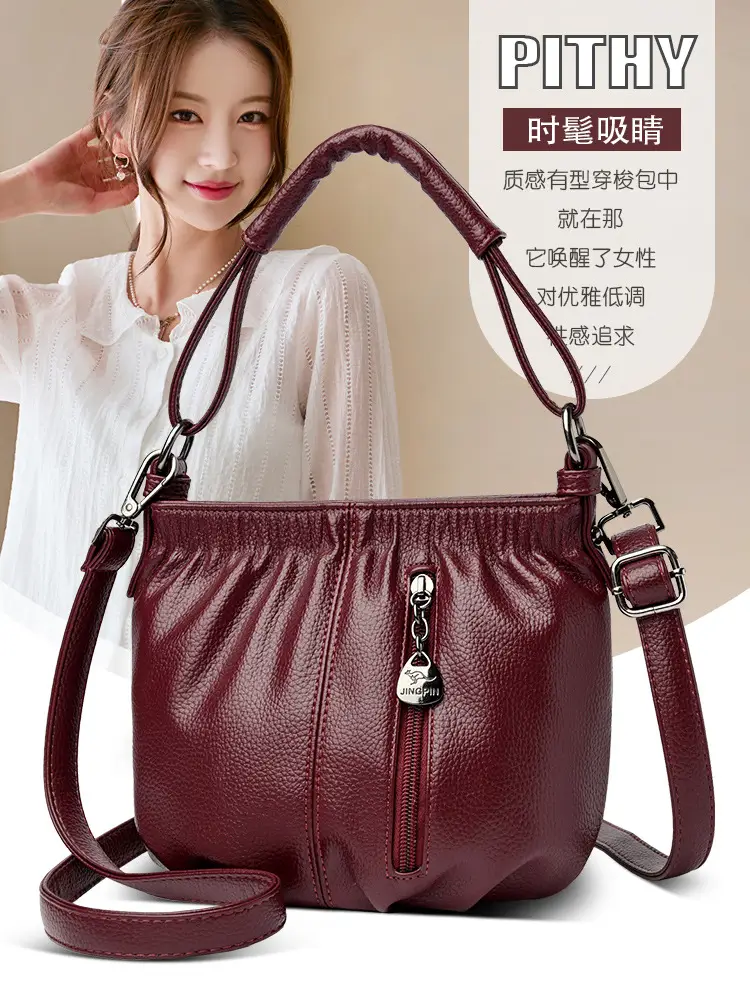 Women's Brown Leather Bucket Bag with Logo Print — feature 4