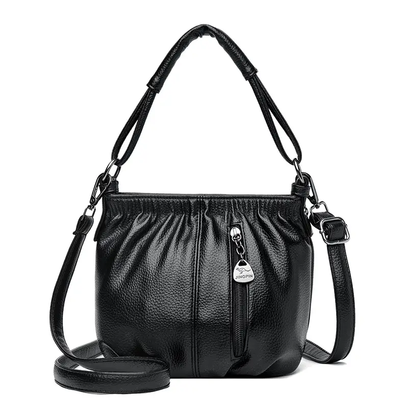 Women's Brown Leather Bucket Bag with Logo Print - Image 3