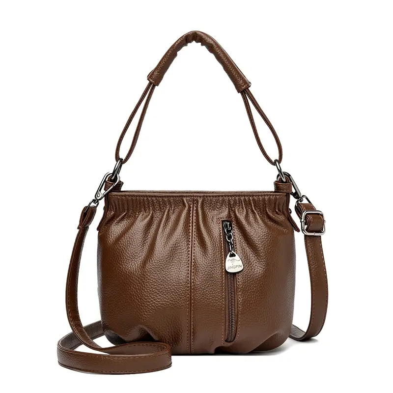 Women's Brown Leather Bucket Bag with Logo Print - Image 5