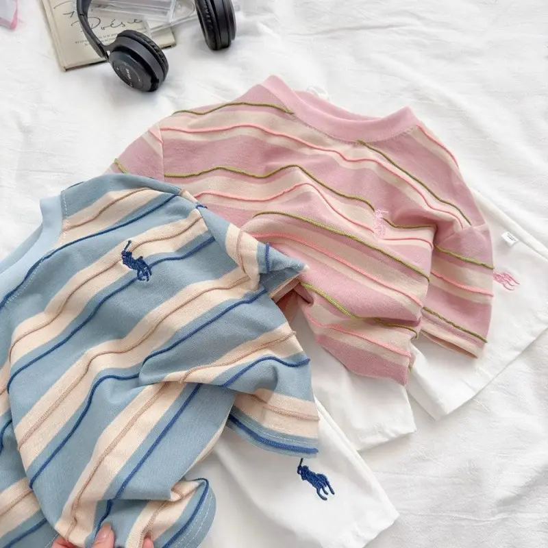 Children Striped T-Shirt Pink White 2025 Summer - Image 4