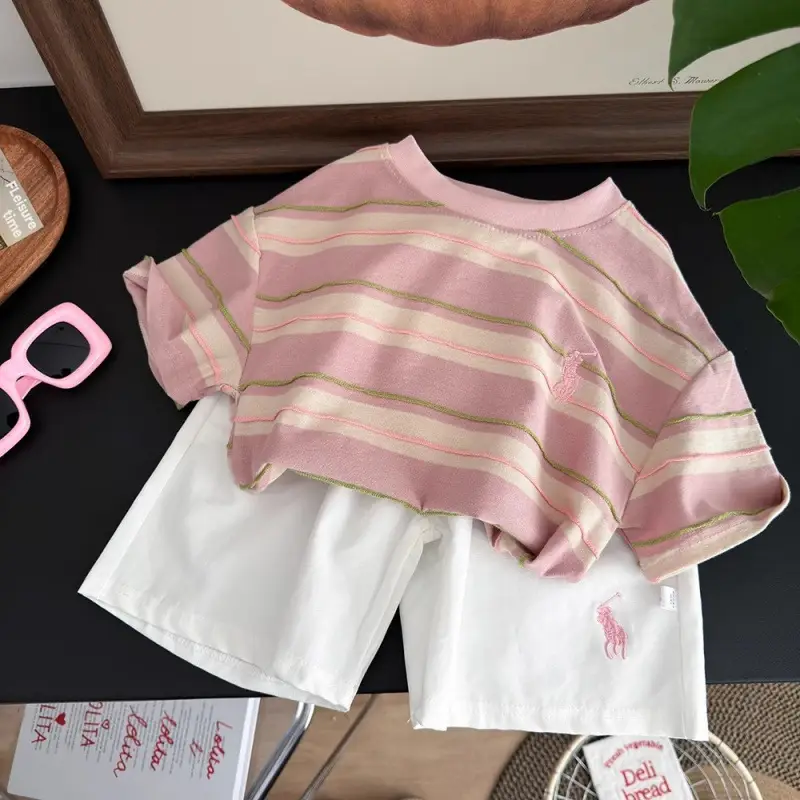 Children Striped T-Shirt Pink White 2025 Summer - Image 2