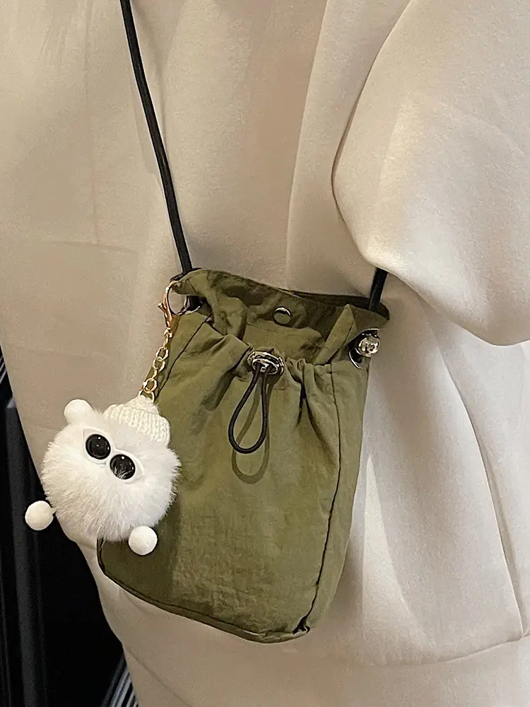 Lightweight Women's Drawstring Bag with Pom Pom Charm - Image 11
