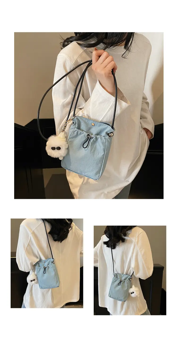 Lightweight Women's Drawstring Bag with Pom Pom Charm — feature 12