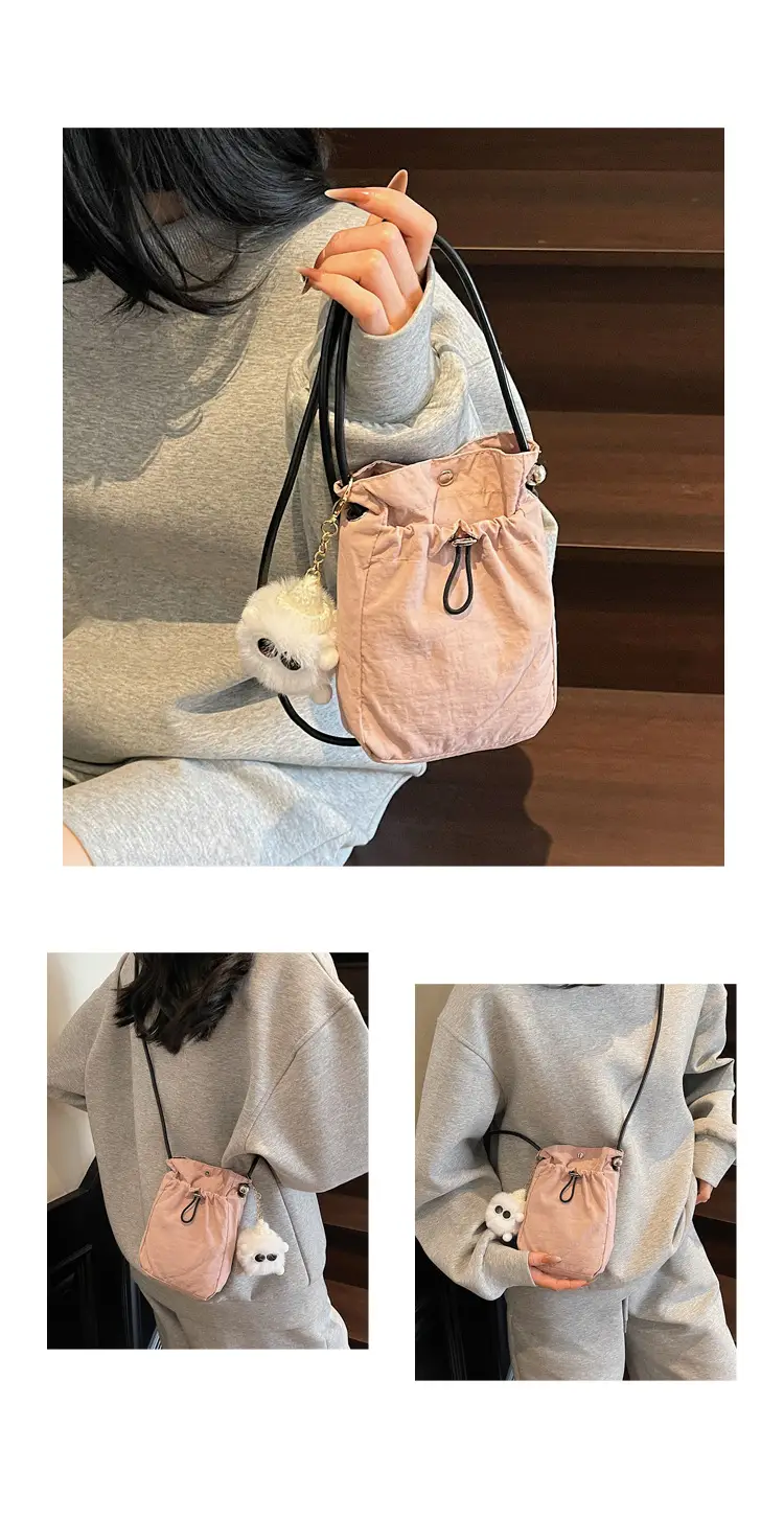 Lightweight Women's Drawstring Bag with Pom Pom Charm — feature 14